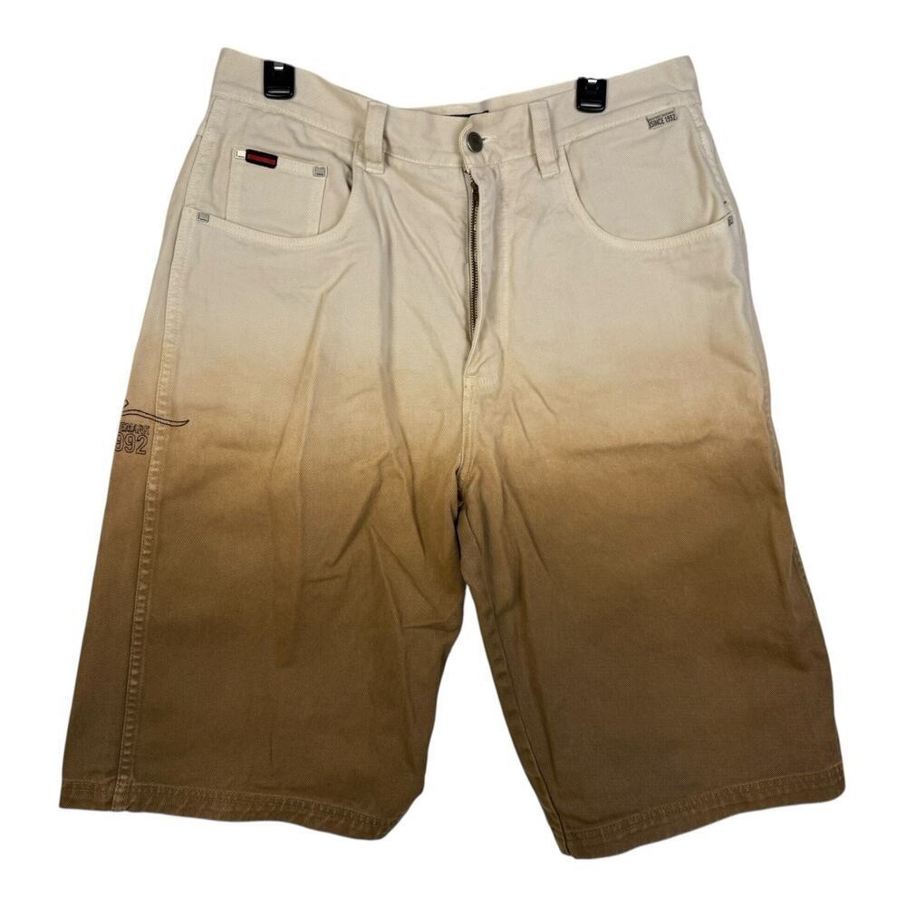 Vintage FUBU Size 36 Denim Shorts Jorts White Brown Fade Embroidered